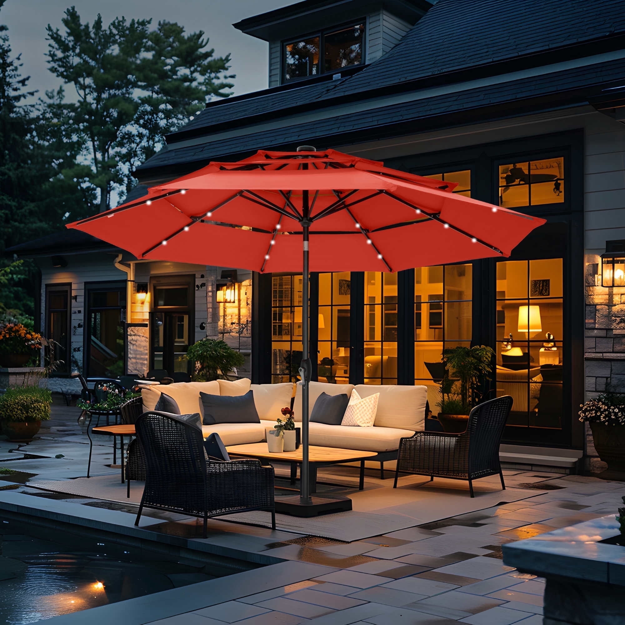 Summit Living 10ft Patio Umbrella with Solar Lights 3-Tier Vented Outdoor Market Umbrella with Auto-Tilt – Orange Red