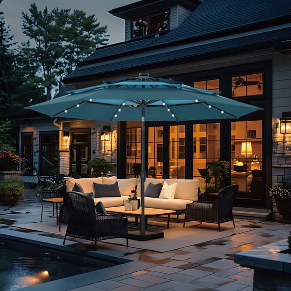 Summit Living 10ft Patio Umbrella with Solar Lights 3-Tier Vented Outdoor Market Umbrella with Auto-Tilt – Peacock Blue & Cerulean