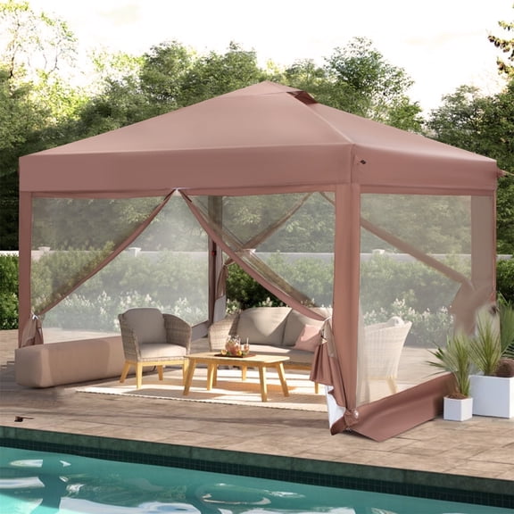Summit Living 10x10ft Outdoor Pop up Canopy Tents with Netting Event Shelter for Outside Brown