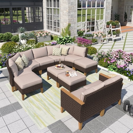 Summit Living 11 Pieces Patio Conversation Set Wicker Outdoor Furniture set Half-Moon Curved Sectional Sofa Set, Beige