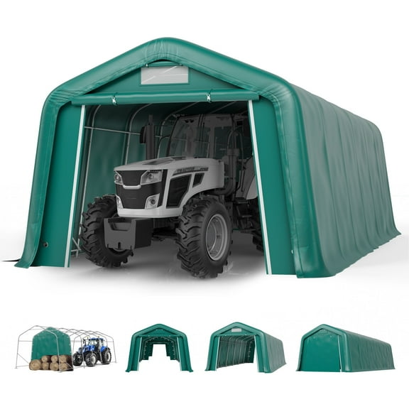 Summit Living 11 x 24 x 8.4 FT Green All-Weather Outdoor Portable Storage Shed, Steel Peak Style Canopy Carport, Agricultural Storage Shelter Tent