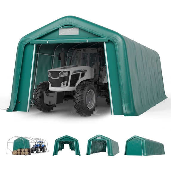 Summit Living 11 x 24 x 8.4 FT Green All-Weather Outdoor Portable Storage Shed, Steel Peak Style Canopy Carport, Agricultural Storage Shelter Tent