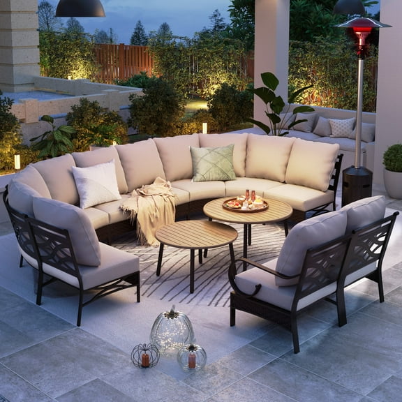 Summit Living 12-Piece Outdoor Patio Furniture Set with Wood-Grain Coffee Table, Round Outdoor Sectional Conversation Set for 10 People, Beige Cushion