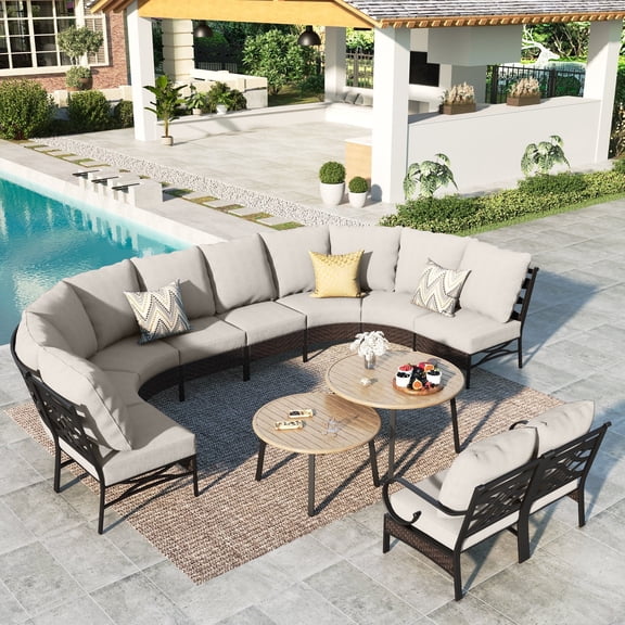Summit Living 12-Piece Outdoor Patio Conversation Set, Round Outdoor Patio Sectional Furniture Set for 10 People, Beige Cushion