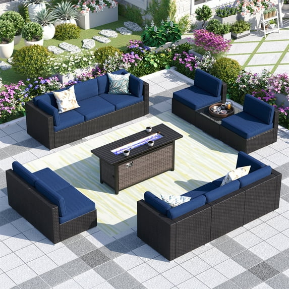 MF Studio 12 Pieces Outdoor Patio Furniture Set with 56-Inch Fire Pit Table Wicker Patio Conversation Set, Navy Blue