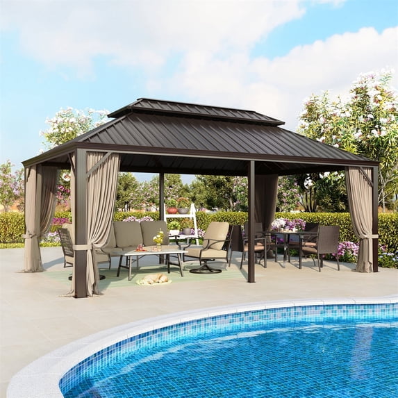 Summit Living 12' x 20' Hardtop Gazebo Aluminum Frame Galvanized Steel Double Roof Patio Gazebo with Netting & Curtains Brown