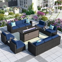 MF Studio 13 Pieces Outdoor Patio Furniture Set with 56-Inch Fire Pit Table Wicker Patio Conversation Set, Navy Blue