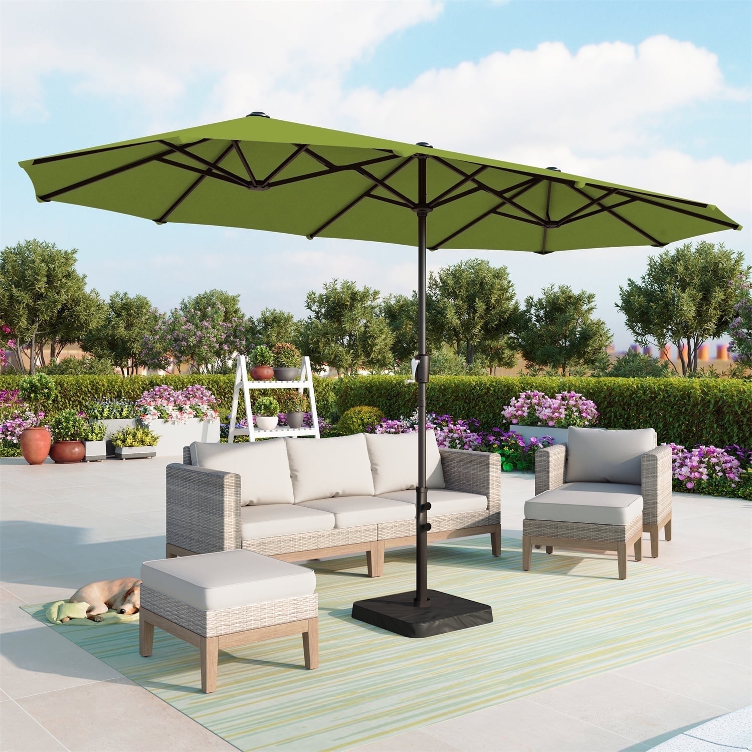 10x 13 rectangular patio table umbrella green Summit Living 13 ft Large Double-Sided Rectangular Patio Umbrella with Crank, UV-Blocking Polyester, Mint Green for Outdoor Poolside