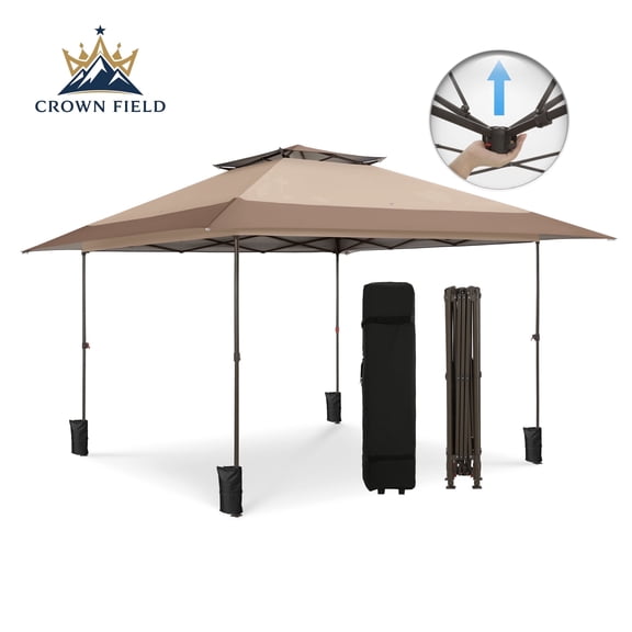 CROWN FIELD 13 x 13 Ft Pop up Canopy Tents for Outside Easy Setup Canopy Shelter w/ 1-Button Setup Brown