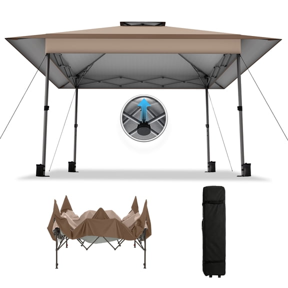 CROWN FIELD 13x13 ft Pop Up Canopy Tent for Outside, Patented One-Push Center Lock, Easy Setup Canopy Shelter, UPF 50+ Top with Wheeled Bag, Brown