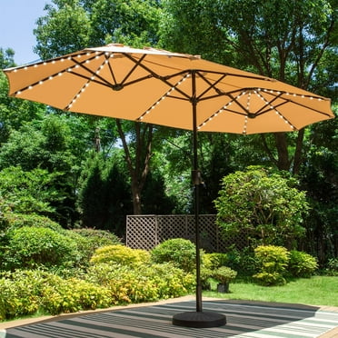Summit Living 13ft Double-Sided Patio Umbrella Beige, LED Solar Lights