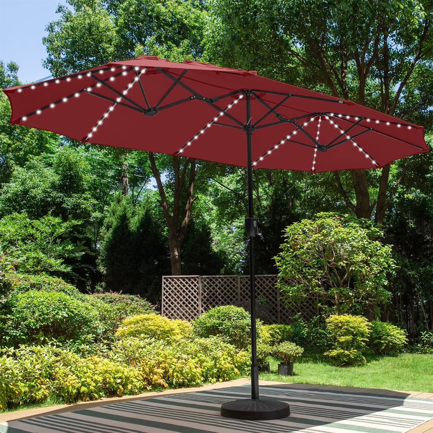 Summit Living 13ft Patio Umbrella with Solar LED, Double-Sided Outdoor Table Umbrella, Red