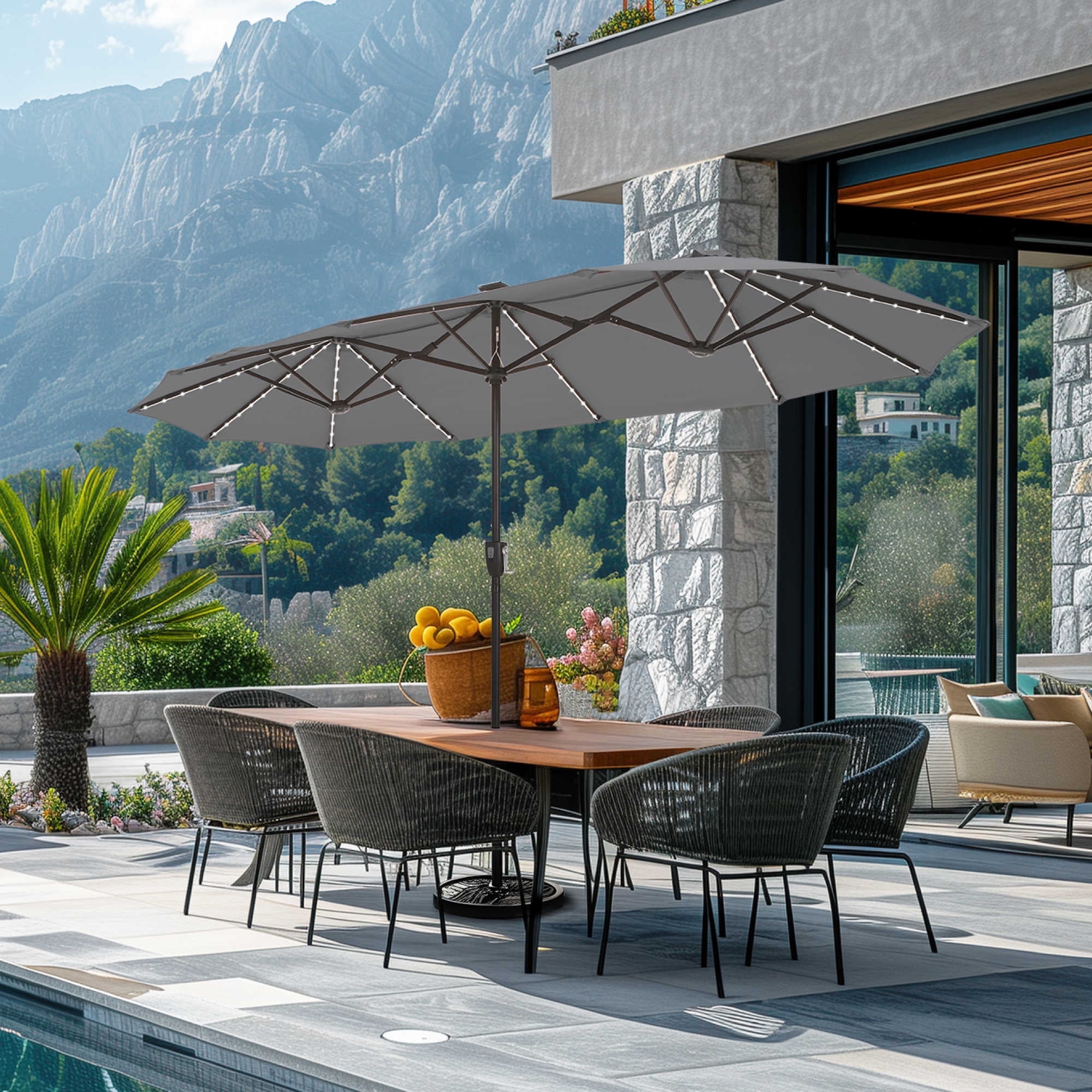 SUMMIT LIVING 13ft Large Patio Umbrella with Multi-Color LED Solar Lights Double-Sided Rectangular Outdoor Table Umbrella – Smoky Gray