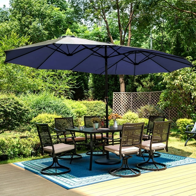 Summit Living 15 FT  Double-Sided Patio Umbrella with Base Large Outdoor Table Umbrella Navy Blue