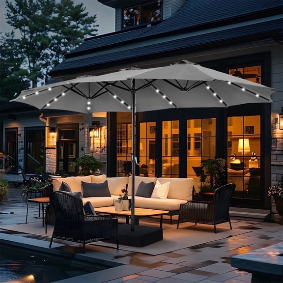 SUMMIT LIVING 15 FT Double-Sided Solar Patio Umbrella with Base Large Outdoor Umbrella with LED Solar Lights - Smoky Gray