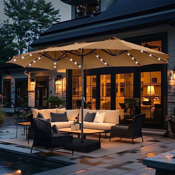 Summit Living 15 FT Double-Sided Solar Patio Umbrella with Base Large Outdoor Umbrella with LED Solar Lights - Tawny