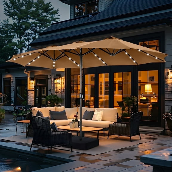 Summit Living 15 FT Double-Sided Solar Patio Umbrella with Base Large Outdoor Umbrella with LED Solar Lights - Tawny