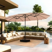 Summit Living 15 ft Large Patio Umbrella with Base (Included) Double-Sided Rectangular Outdoor Deck Umbrella for Outside - Beige