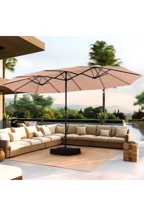 15 ft Large Patio Umbrella with Base (Included) Double-Sided Rectangular Outdoor Deck Umbrella for Outside - Beige