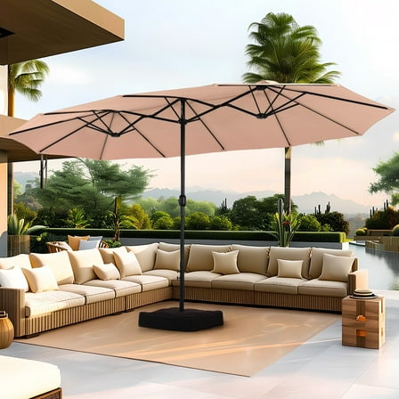 Summit Living 15 ft Large Patio Umbrella with Base (Included) Double-Sided Rectangular Outdoor Deck Umbrella for Outside - Beige