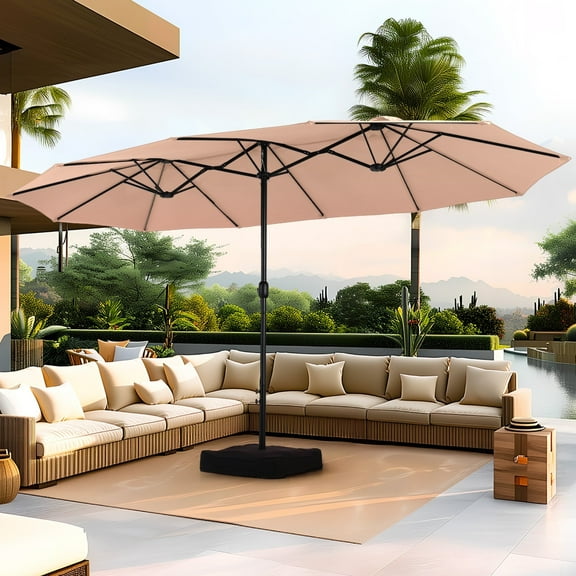 Summit Living 15 ft Large Patio Umbrella with Base (Included) Double-Sided Rectangular Outdoor Deck Umbrella for Outside - Beige
