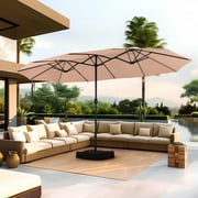 Summit Living 15 ft Large Patio Umbrella with Base (Included) Double-Sided Rectangular Outdoor Deck Umbrella for Outside - Beige