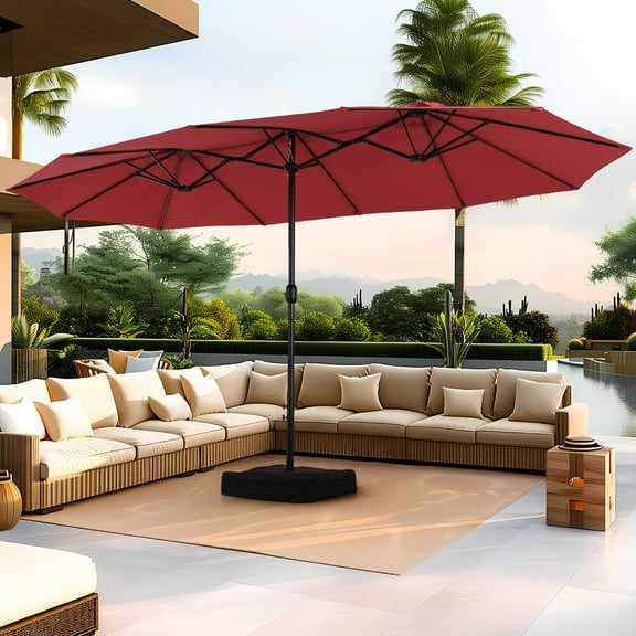 Summit Living 15 ft Large Patio Umbrella with Base (Included) Double-Sided Rectangular Outdoor Deck Umbrella for Outside - Burgundy