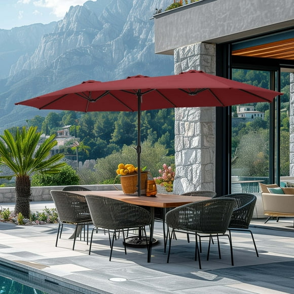 Summit Living 15 ft Large Patio Umbrella with Base (Included) Double-Sided Rectangular Outdoor Deck Umbrella for Outside - Burgundy