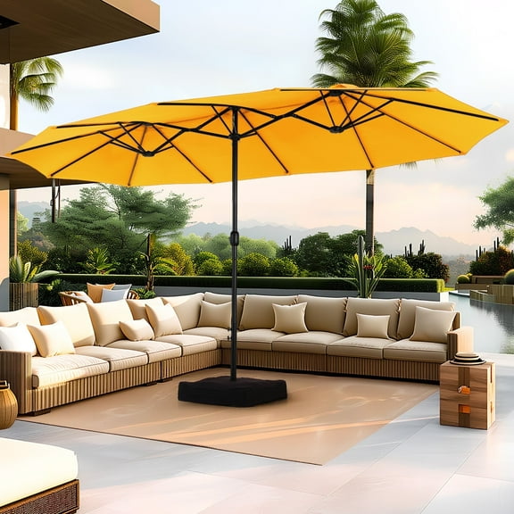 Summit Living 15 ft Large Patio Umbrella with Base (Included) Double-Sided Rectangular Outdoor Deck Umbrella for Outside - Gold Yellow