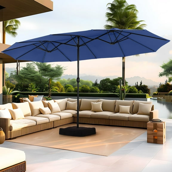 Summit Living 15 ft Large Patio Umbrella with Base (Included) Double-Sided Rectangular Outdoor Deck Umbrella for Outside - Haze Blue