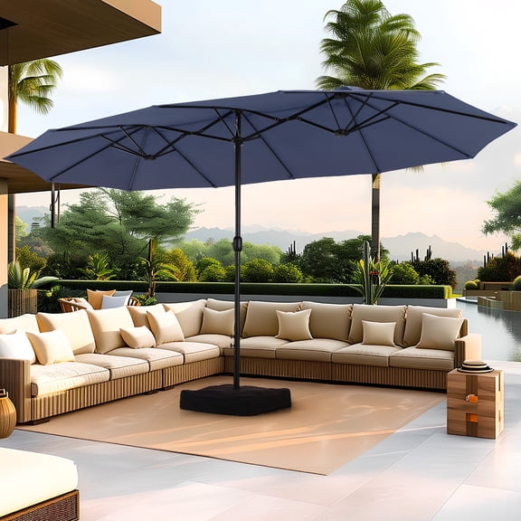 Summit Living 15 ft Large Patio Umbrella with Base (Included) Double-Sided Rectangular Outdoor Deck Umbrella for Outside - Navy Blue