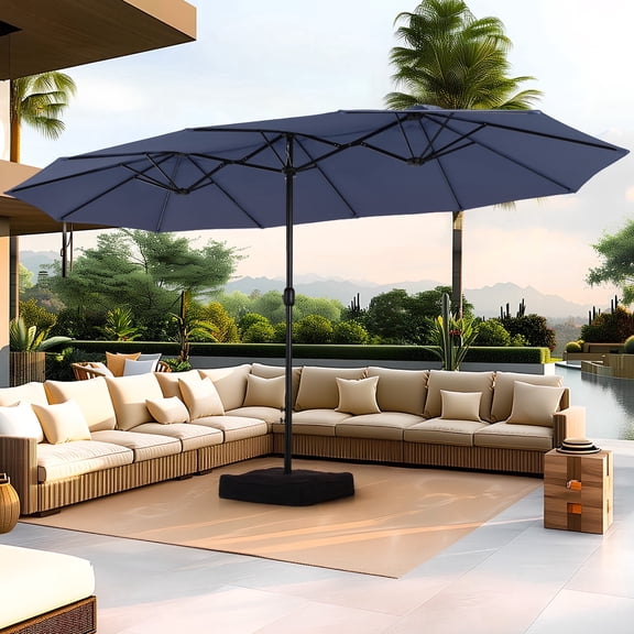 SUMMIT LIVING 15 ft Large Patio Umbrella with Base (Included) Double-Sided Rectangular Outdoor Deck Umbrella for Outside - Navy Blue