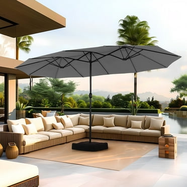 Summit Living 15 ft Large Patio Umbrella with Base (Included) Double-Sided Rectangular Outdoor Deck Umbrella for Outside - Smoky Gray