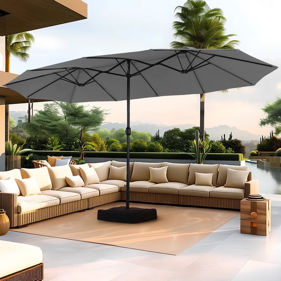 Summit Living 15 ft Large Patio Umbrella with Base (Included) Double-Sided Rectangular Outdoor Deck Umbrella for Outside - Smoky Gray