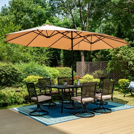 Summit Living 15ft Double-Sided Patio Umbrella with Base Large Outdoor Table Umbrella Beige