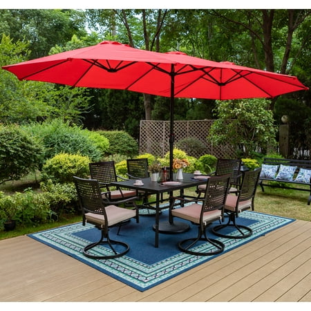 Summit Living 15ft Double-Sided Patio Umbrella with Base Large Outdoor Table Umbrella, Red