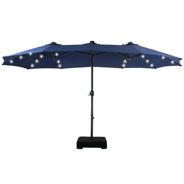 Summit Living 15ft DoubleSided Patio Umbrella, LED Solar Lights, Base