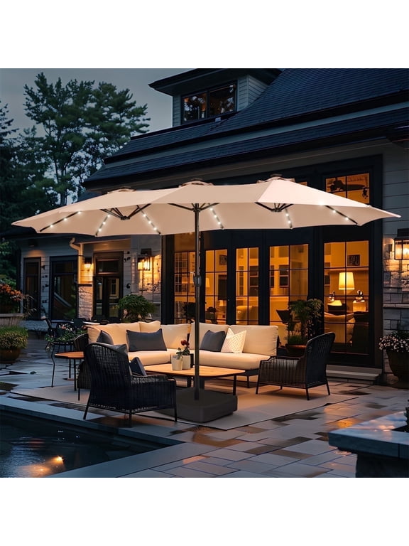 15ft Large Double-Sided Outdoor Patio Umbrella with Base Included, Solar LED Lights, Beige