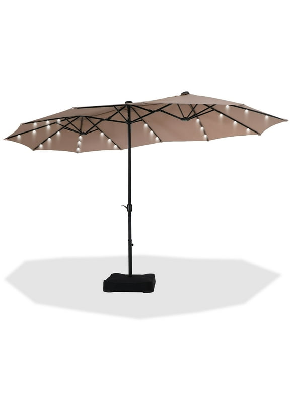 Summit Living 15ft Double-Sided Solar Patio Umbrella with Base (Included) Large Outdoor Umbrella with Solar Lights Beige