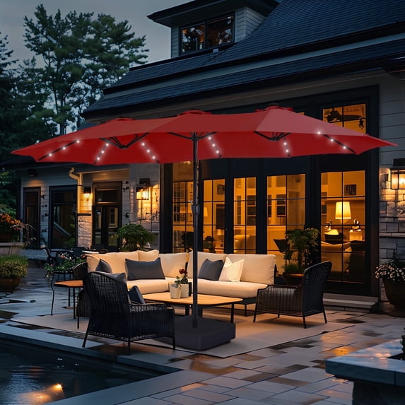 Summit Living 15ft Double-Sided Solar Patio Umbrella with Base (Included) Large Outdoor Umbrella with Solar Lights - Burgundy