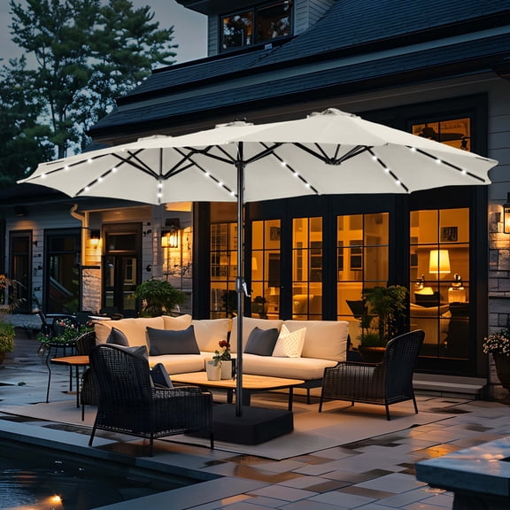 SUMMIT LIVING 15ft Double-Sided Solar Patio Umbrella with Base (Included) Large Outdoor Umbrella with Solar Lights - Ivory