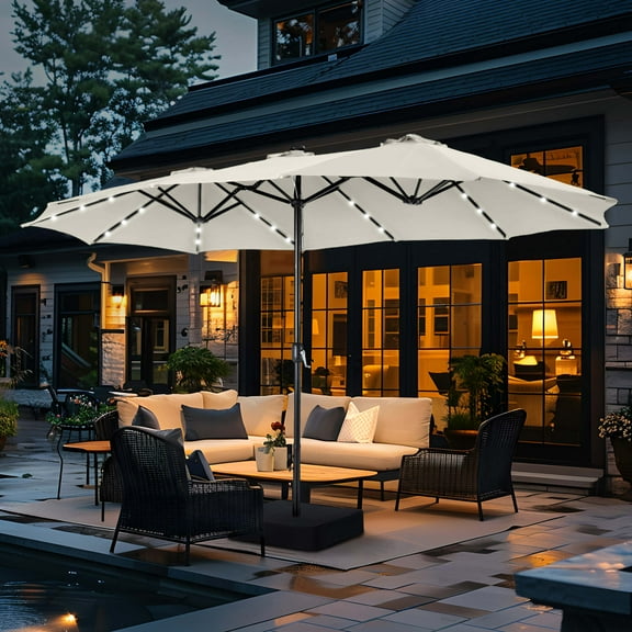 Summit Living 15ft Double-Sided Solar Patio Umbrella with Base (Included) Large Outdoor Umbrella with Solar Lights - Ivory