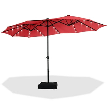 Summit Living 15ft Double-Sided Solar Patio Umbrella with Base (Included) Large Outdoor Umbrella with Solar Lights Red