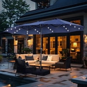 SUMMIT LIVING 15ft Double-Sided Solar Patio Umbrella with Base Large Outdoor Umbrella with 36 PCs LED Lights, Navy Blue
