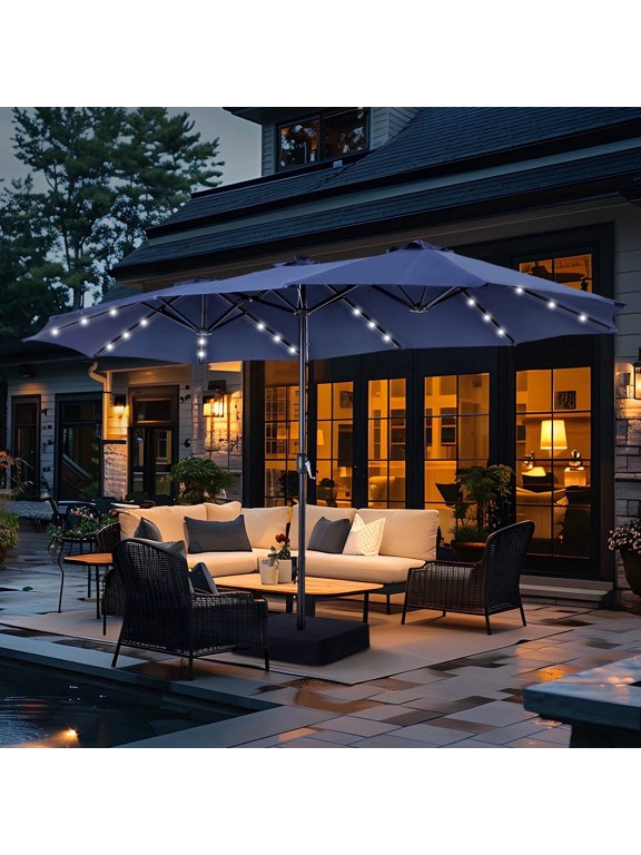15ft Large Double-Sided Outdoor Patio Umbrella with Base Included, Solar LED Lights, Navy Blue