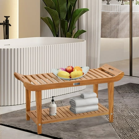 Summit Living 19.7"H 100% Natural Teak Wood Shower Bench with Storage Shelf, Indoor Bath Bench Seat Waterproof Shower Stool for Adults