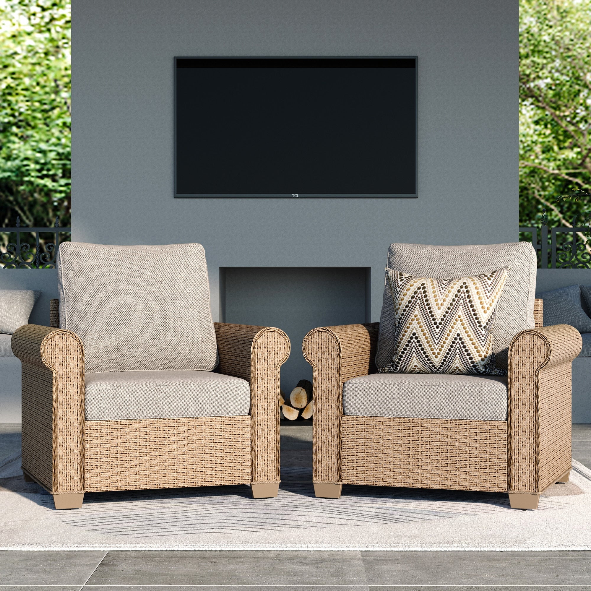MF Studio 2-Pack Outdoor Wicker Club Lounge Chairs, Patio Furniture Set of 2, Beige Cushions