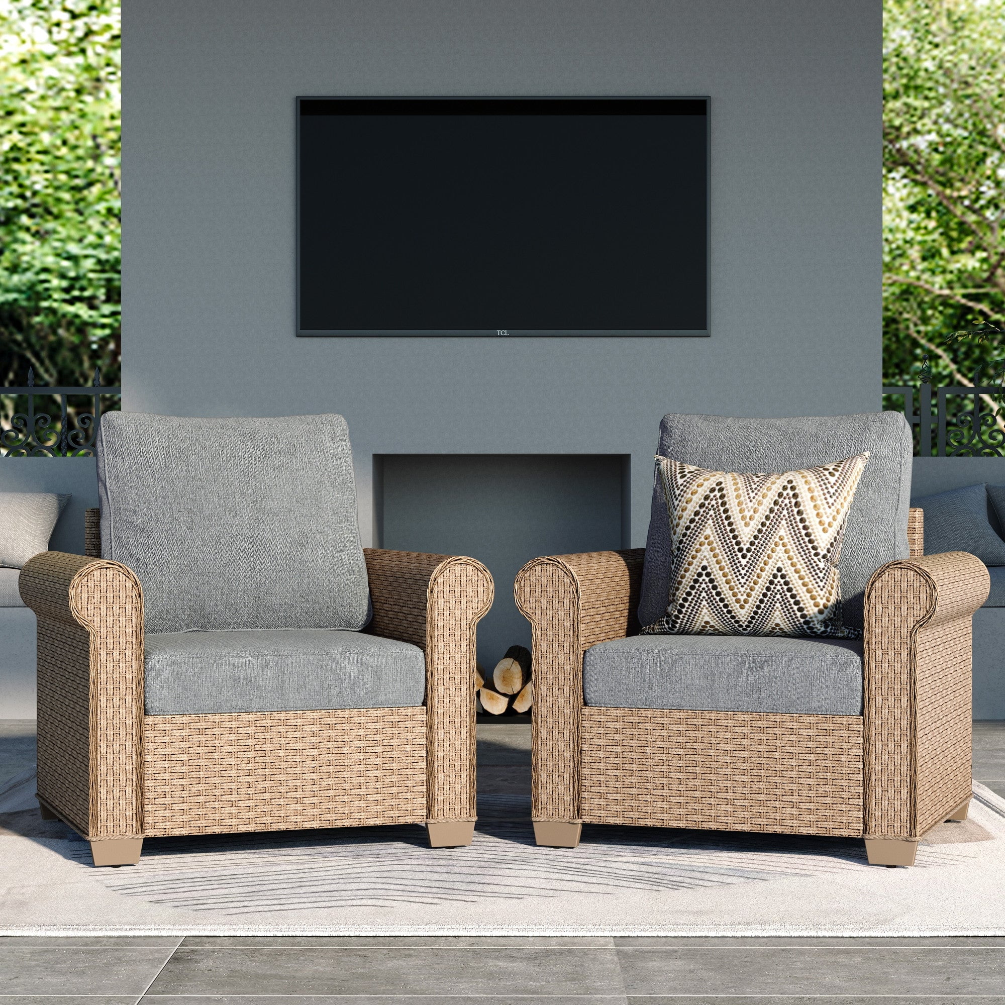 MF Studio 2-Pack Outdoor Wicker Club Lounge Chairs, Patio Furniture Set of 2, Gray Cushions