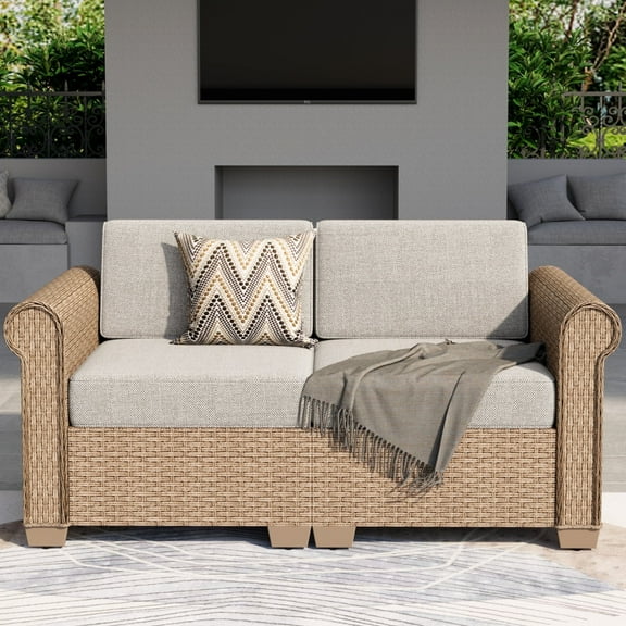 Summit Living 2-Pack Outdoor Patio Furniture Set, 2-Seat Wicker Outdoor Patio Sectional Conversation Set, Rattan Loveseat, Beige