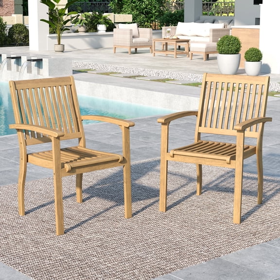 SUMMIT LIVING 2-Piece Acacia Wood Patio Dining Chairs, Outdoor Oil Finished Natural Wooden Armchairs